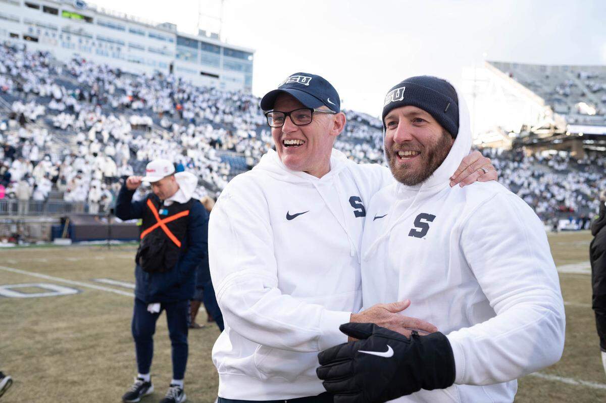 Penn State defensive coordinator Tom Allen, left, reacts after winning the College Football Playoff game against SMU at Beaver Stadium on Saturday, Dec. 21, 2024.