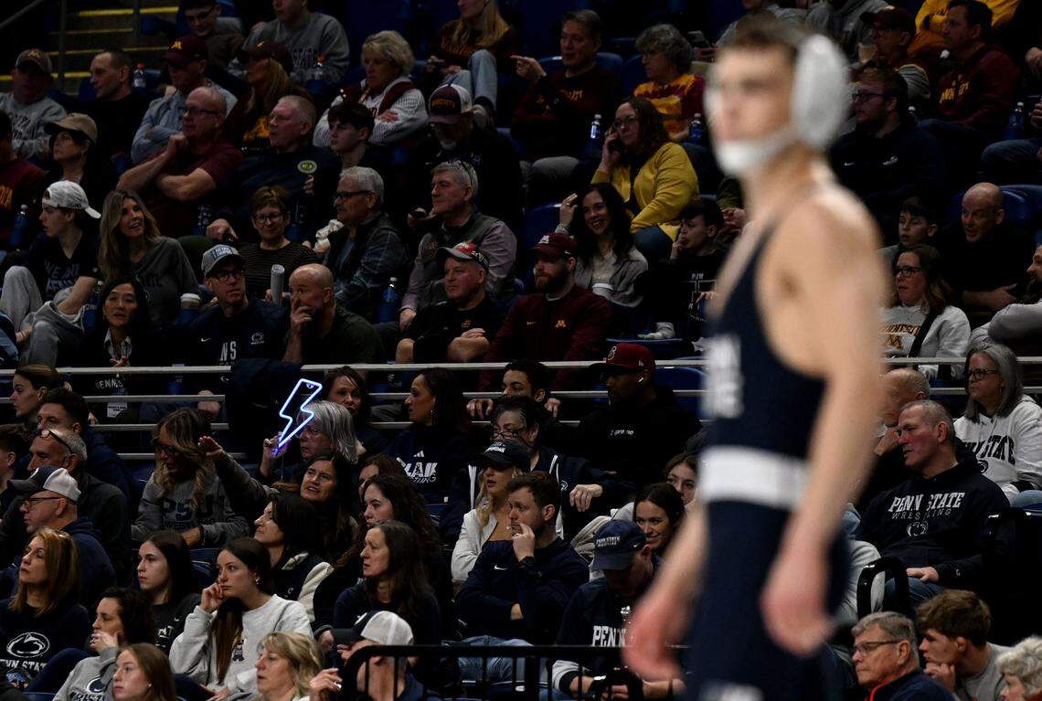 A fan holds up a lightning bolt during Penn State's Luke Lilledahl 125-pound quarterfinal bout of Big Ten wrestling championships on Saturday, March 7, 2026 at the Bryce Jordan Center. Luke is nicknamed “Lightning Luke.”