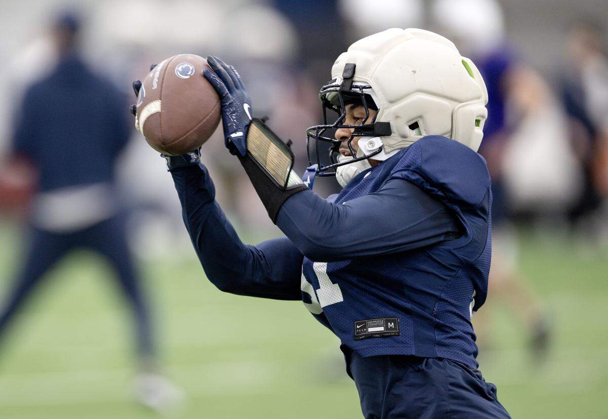 Penn State wide receiver Logan Cunningham makes a catch during spring practice on Thursday, March 26, 2026.  
