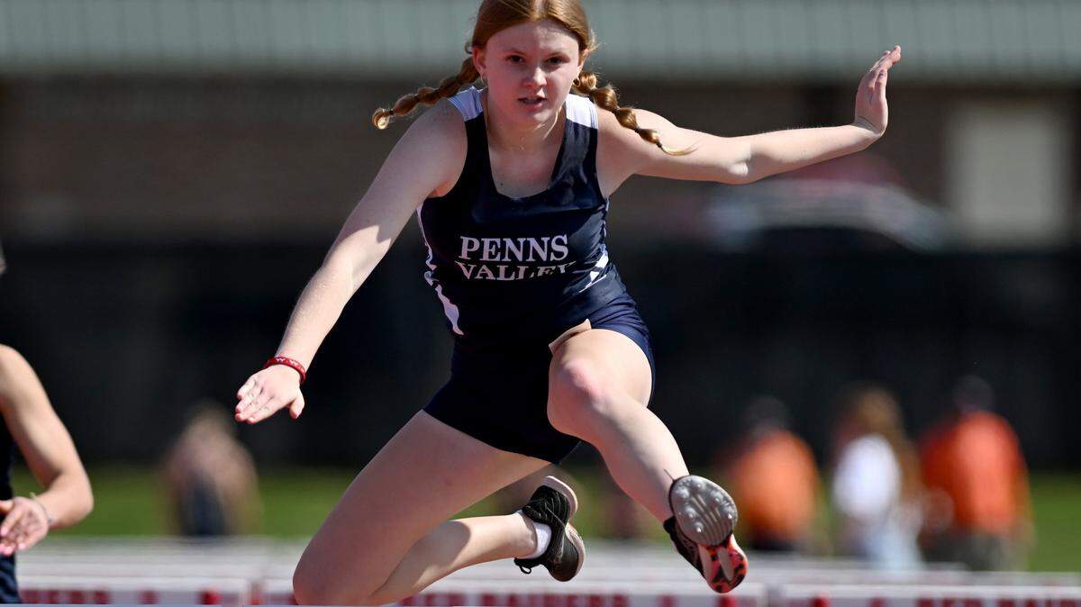 Penns Valley’s Miley Hubler in the 100 meter hurdles prelims during the Mountain League track and field championships on Tuesday, May 9, 2023. In the finals Hubler finished fourth with a time of 18.60.