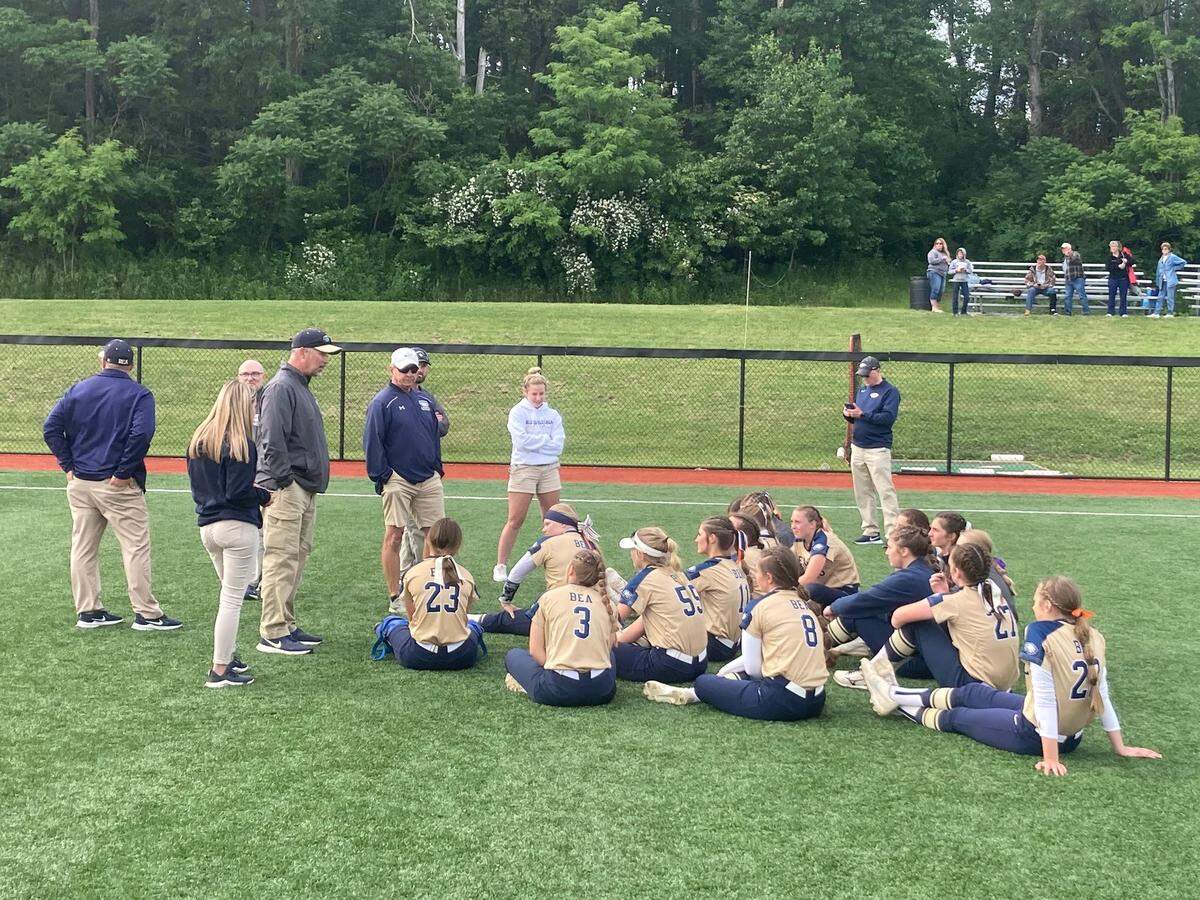 Bald Eagle softball head coach Don Lucas speaks with team following a 3-0 victory over Deer Lakes in the 2022 PIAA Class 3A softball quarterfinals.