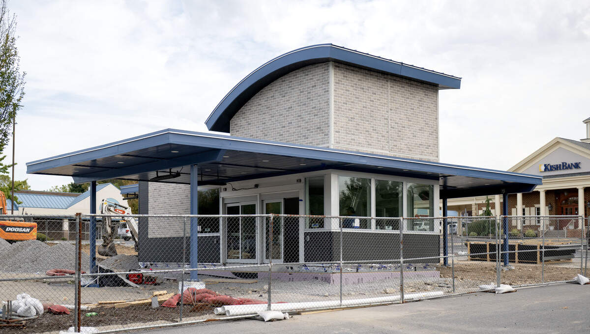 Construction of the 7 Brew drive-thru in the Hills Plaza parking lot on Tuesday, Sept. 16, 2025.