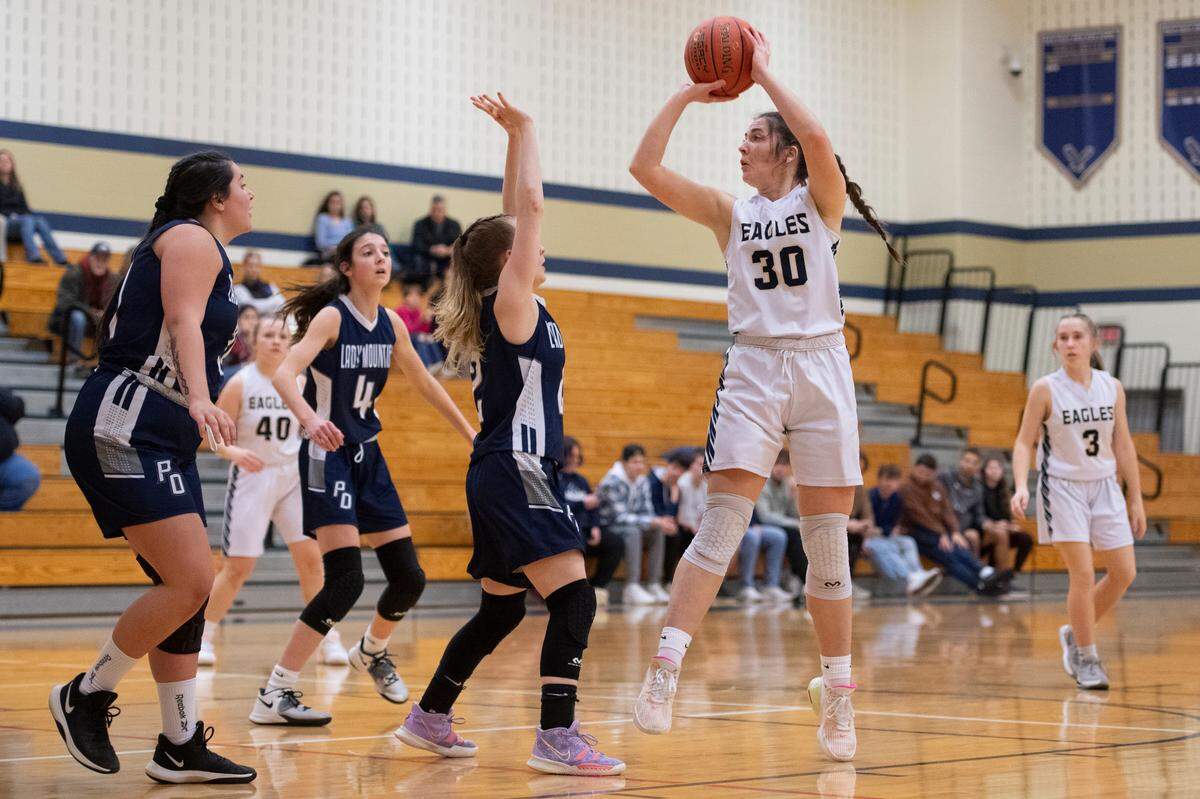 Bald Eagle’s Katie Snyder shoots the ball during a game featuring Bald Eagle Area and Philipsburg-Osceola on Thursday.