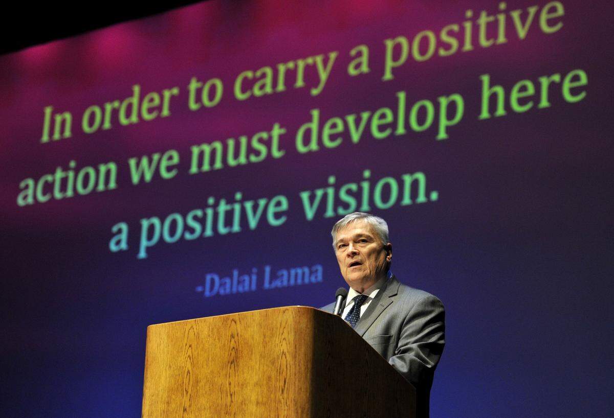 President Eric Barron speaks about diversity during an event on Martin Luther King, Jr. Day in January 2016 in Penn State’s Schwab Auditorium.