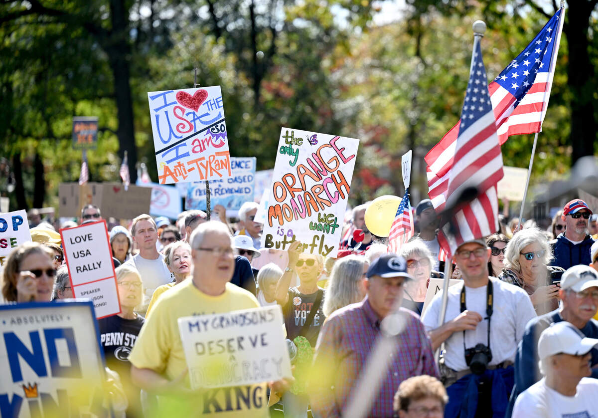 More than 1,500 people gathered on Old Main lawn for the No Kings anti-Trump rally on Saturday, Oct. 18, 2025.