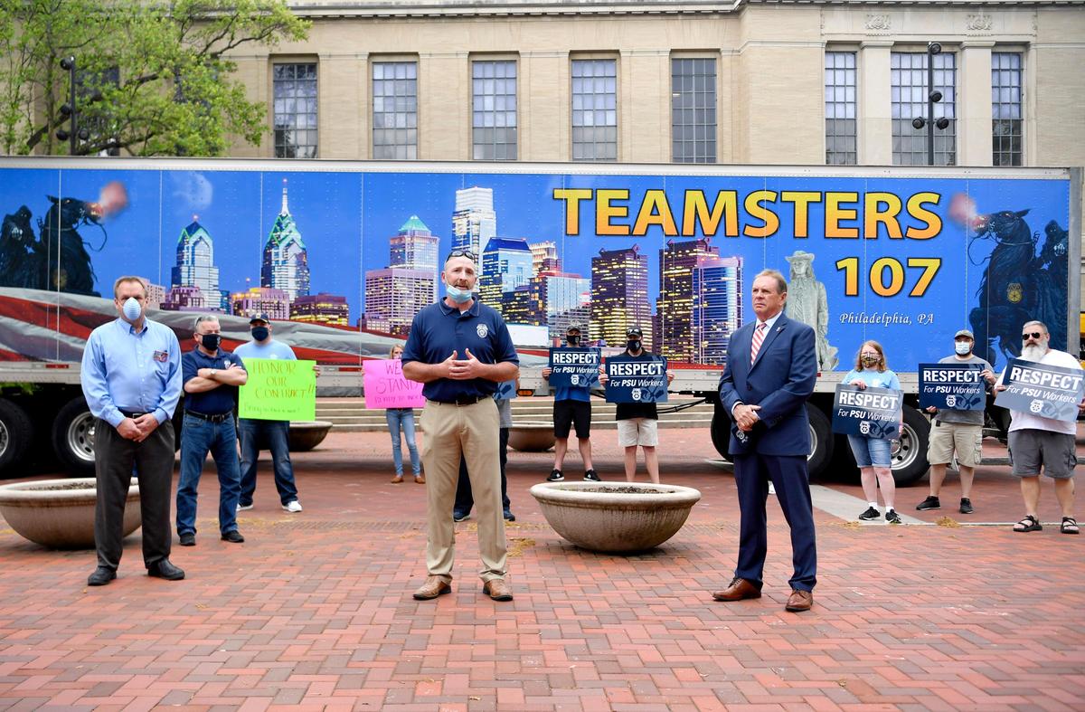President of the Teamsters Local 8 Jon Light speaks as a small crowd of employees rally outside of the HUB on the Penn State campus on Wednesday, May 27, 2020.