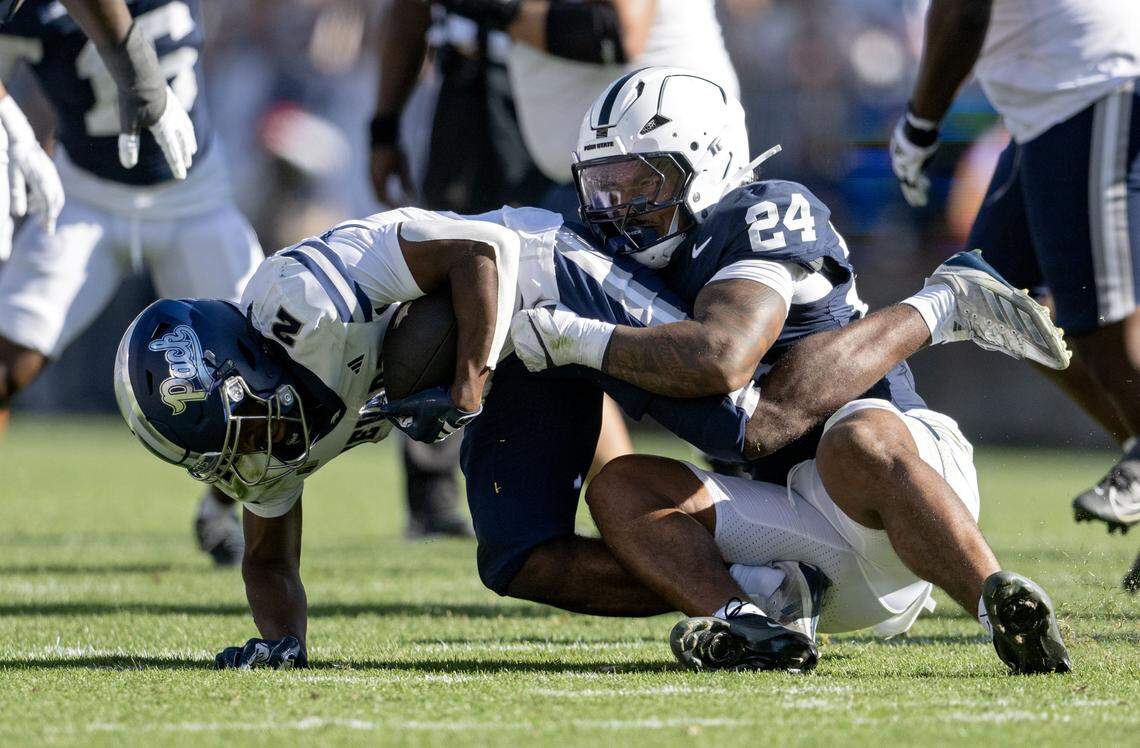 Penn State linebacker Amare Campbell stops Nevada running back Herschel Turner during the game on Saturday, Aug. 30, 2025 at Beaver Stadium.