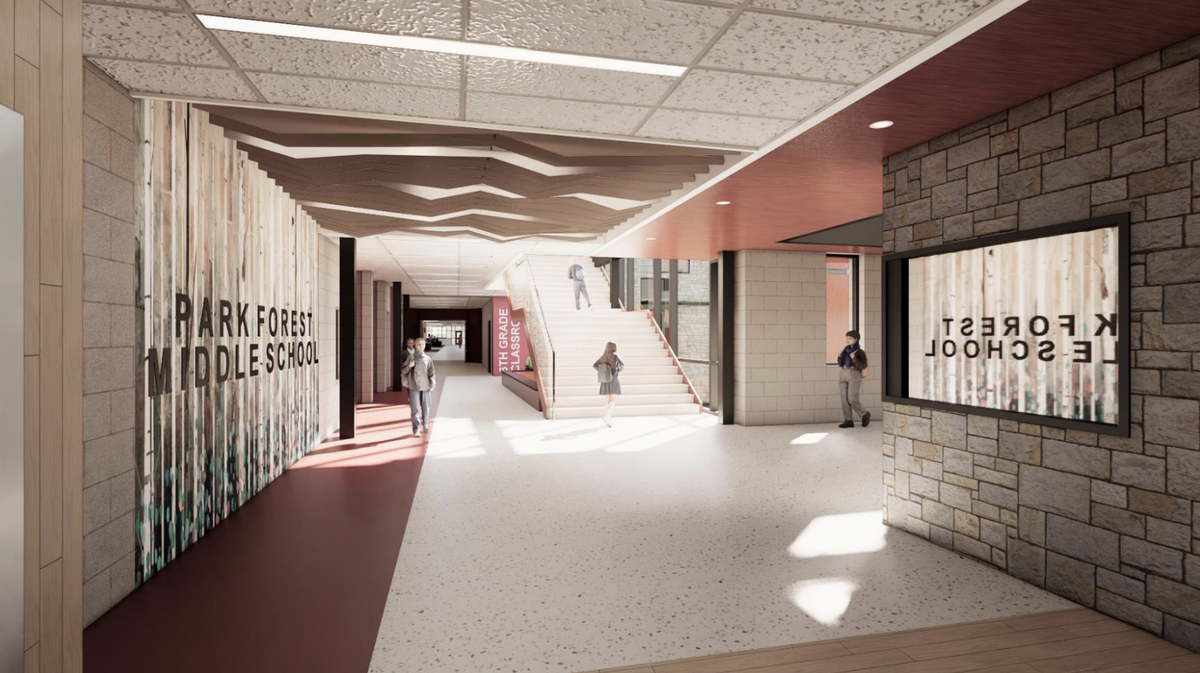 This rendering offers a look inside the classroom wing of the new Park Forest Middle School.