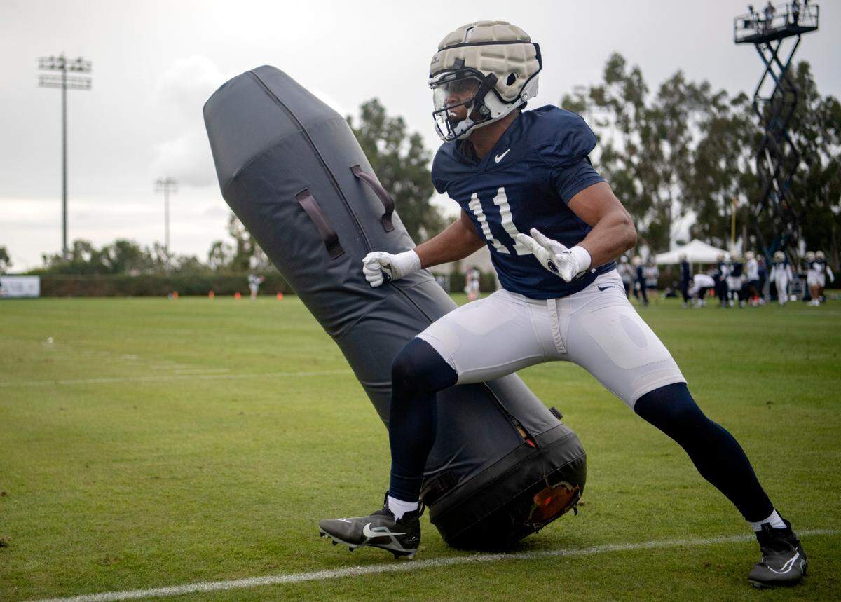 Penn State linebacker Abdul Carter runs a drill during practice for the Rose Bowl at Dignity Health Sports Park in Los Angeles on Thursday, Dec. 29, 2022.
