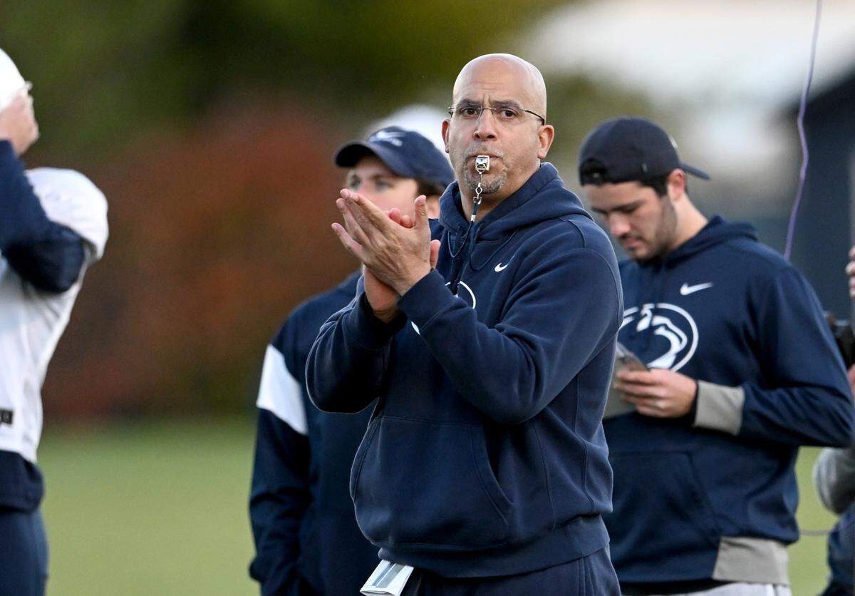 Penn State football coach James Franklin watches specials during practice on Wednesday, Nov. 9, 2022.