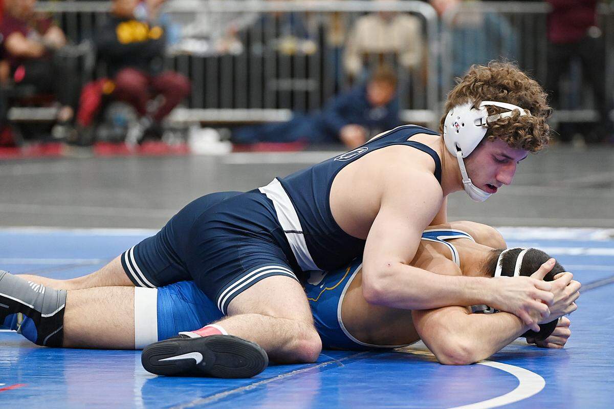 Penn State’s Mitchell Mesenbrink controls Hofstra’s Eric Shindel in their 165-pound match of the Journeymen Collegiate Classic on Sunday at Freedom High School in Bethlehem. Mesenbrink beat Shindel, 19-3, in 6:06.