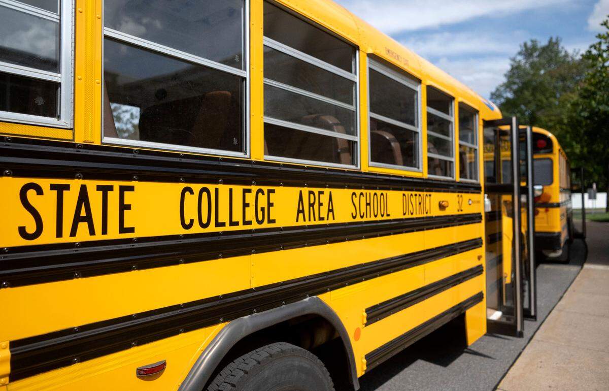 State College Area School District buses line up outside of Our Lady of Victory to take students home on Friday, Sept. 22, 2023.