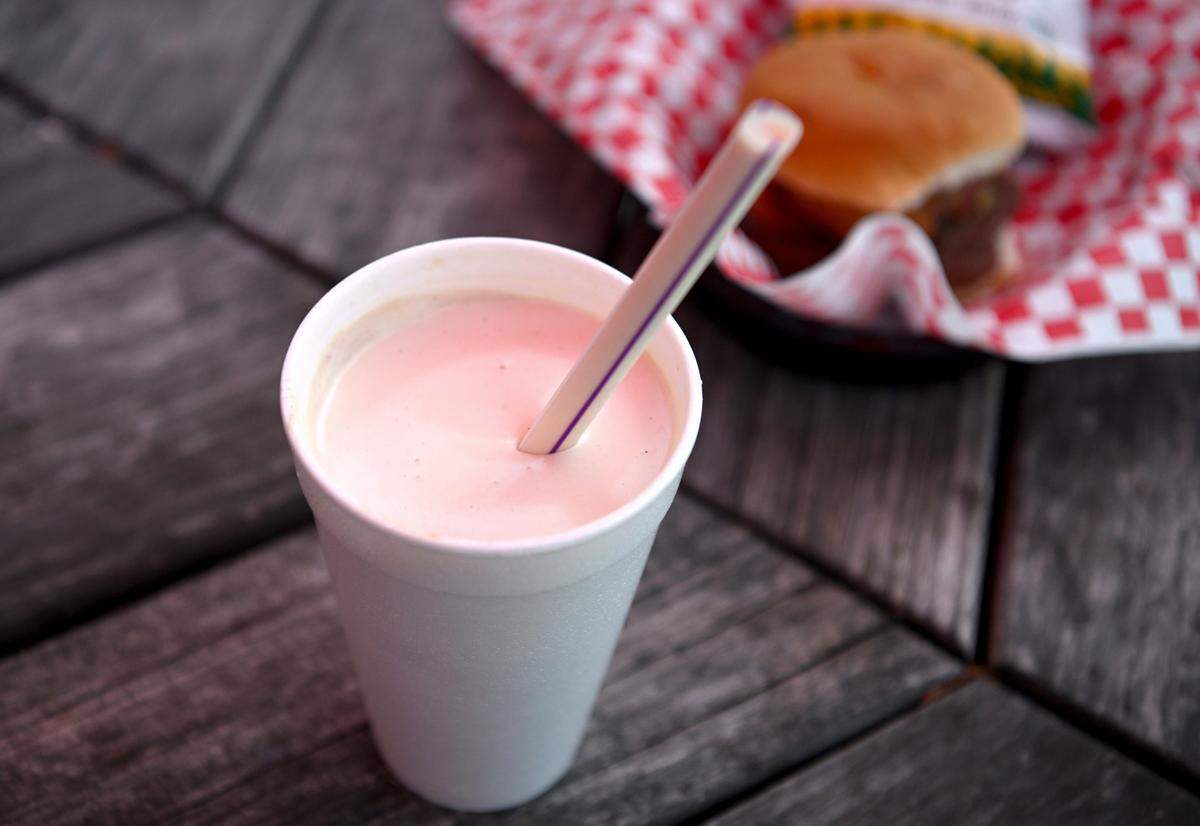 A peanut butter milkshake from Twin Kiss made with homemade peanut butter.