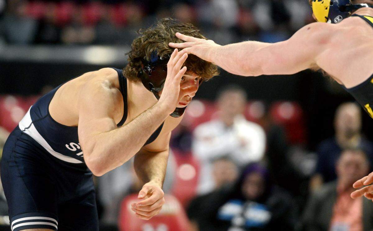 Penn State’s Levi Haines faces Michigan’s Will Lewan in the 157 lb championship bout of the Big Ten Wrestling tournament at the Xfinity Center at the University of Maryland on Sunday, March 10, 2024.