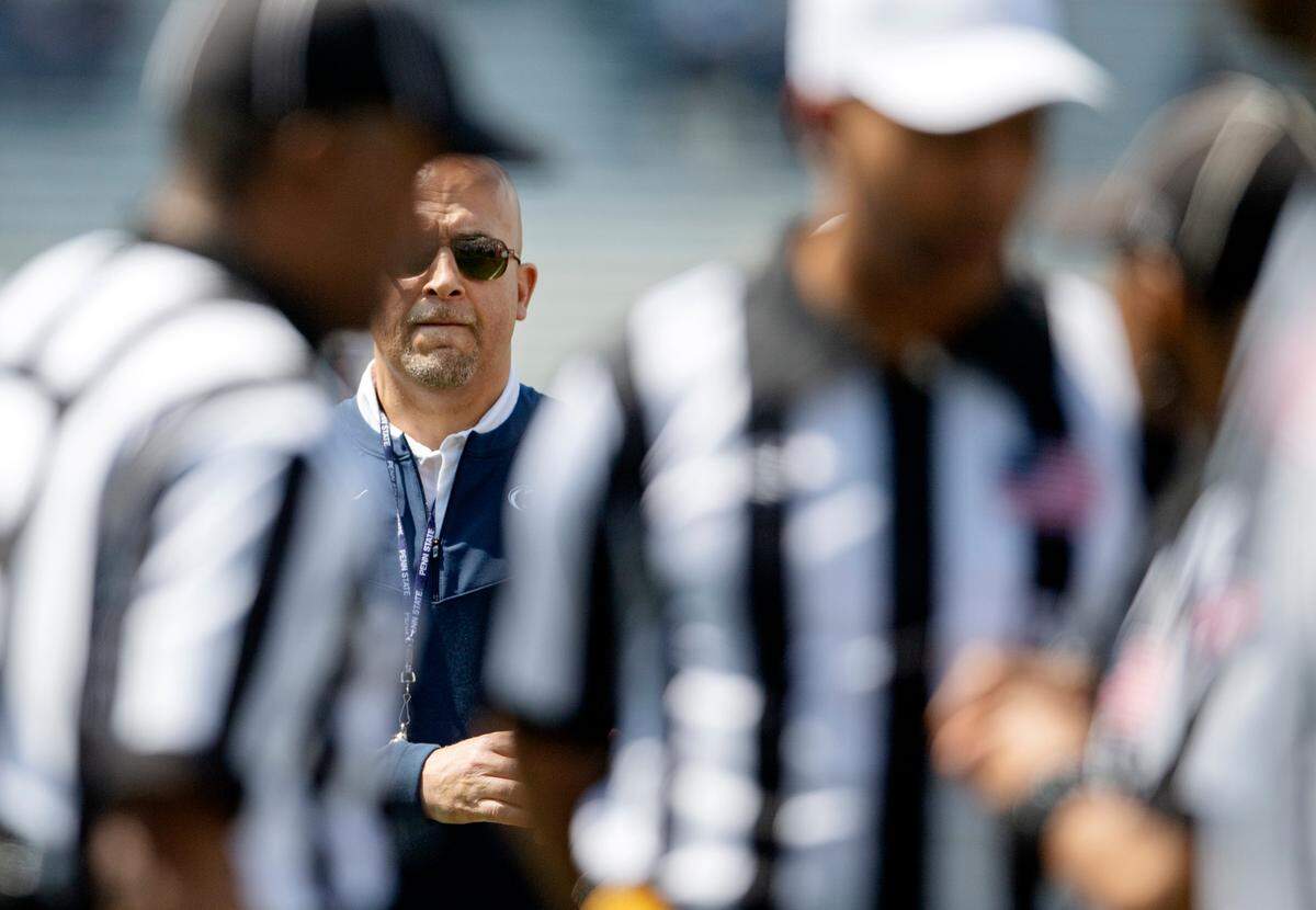 Penn State football coach James Franklin waits for the officials to make a call during the Blue-White game on Saturday, April 23, 2022.