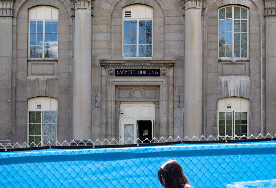 Renovation work at the Sackett Building on the Penn State campus is pictured on Thursday, April 24, 2025.