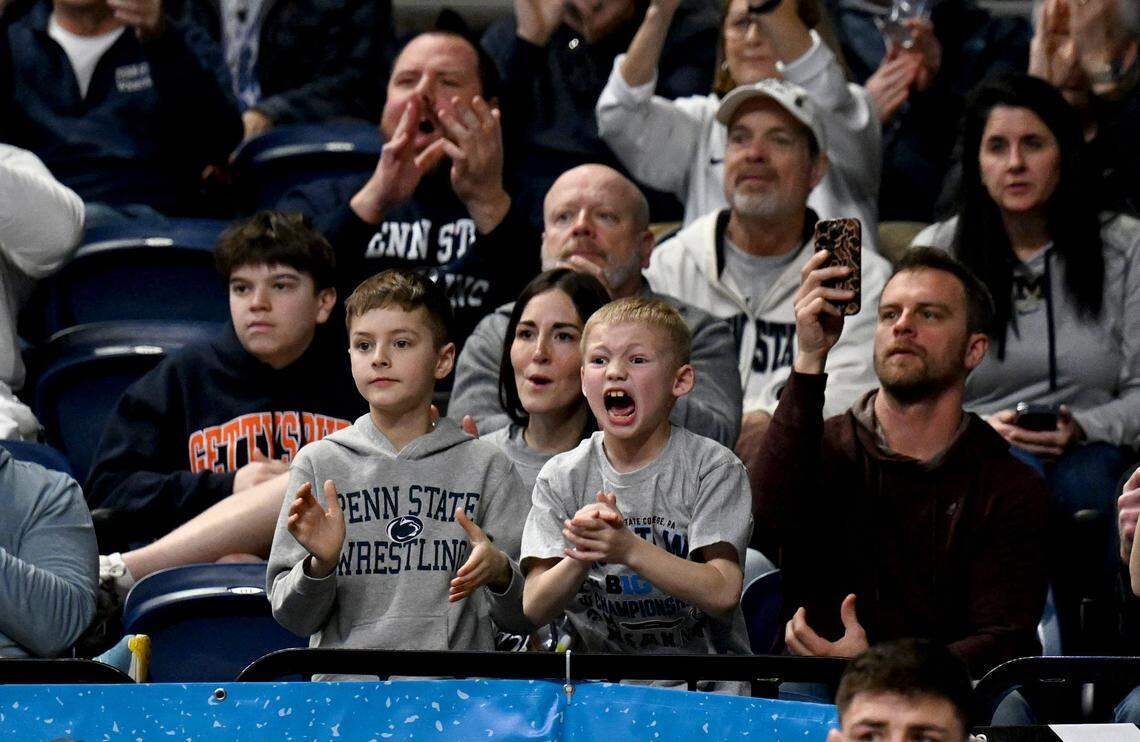 Penn State fans cheer during the Big Ten wrestling championships on Saturday, March 7, 2026 at the Bryce Jordan Center. 