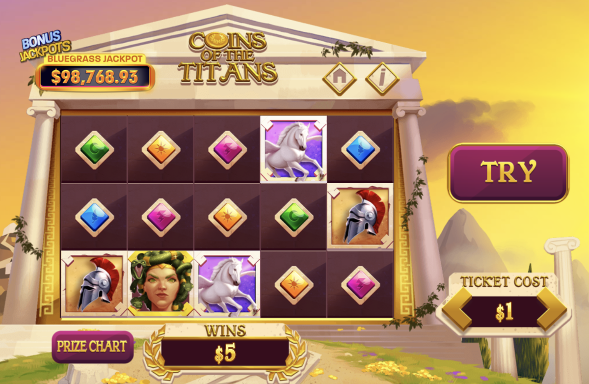 This demo of Coins of the Titans provides a glimpse of what you might see while playing the instant-win lottery game.