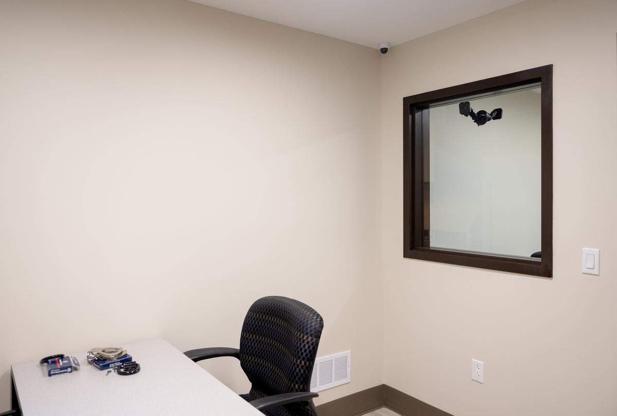 An interview room at the Spring Township Police Department station on Wednesday, Sept. 10, 2025. The room has a one-way glass, a security camera and a place for an officer to attach their body camera to record the interview. 