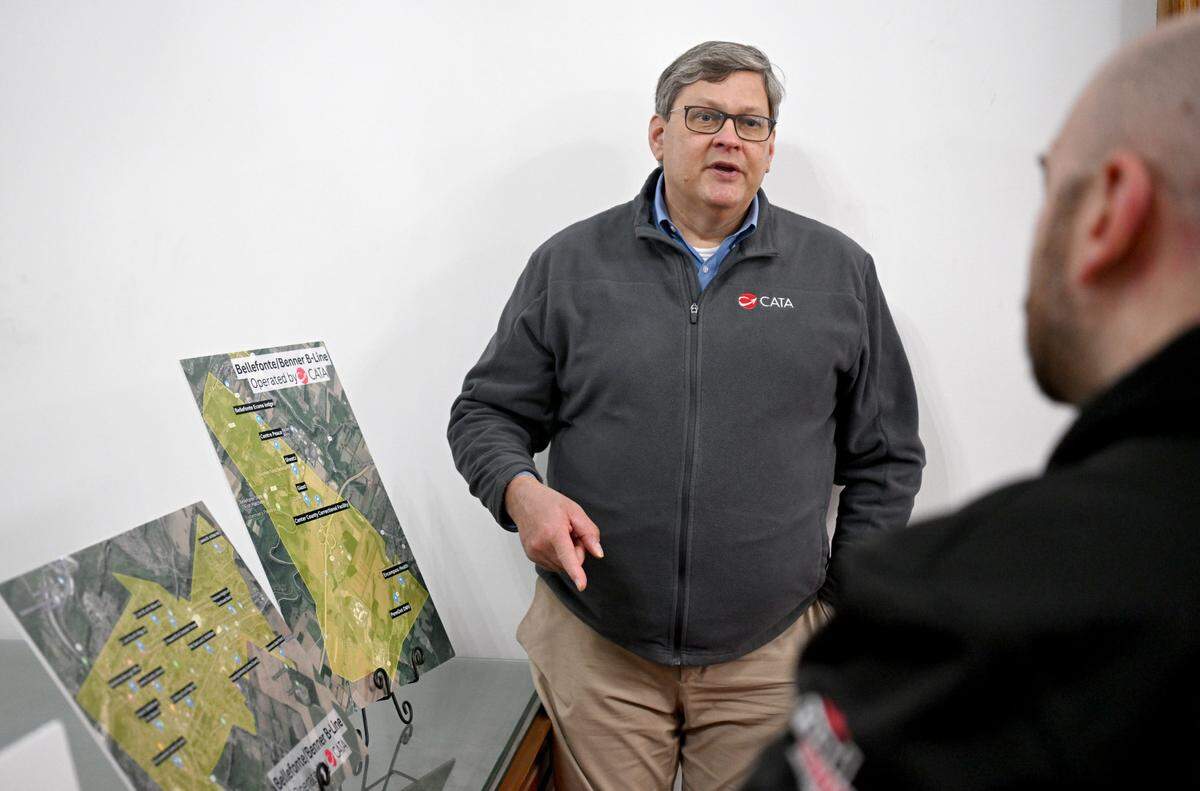 CATA’s David Rishel talks to community members about the newly introduced Bellefonte/Benner B-line service on Wednesday, April 24, 2024.
