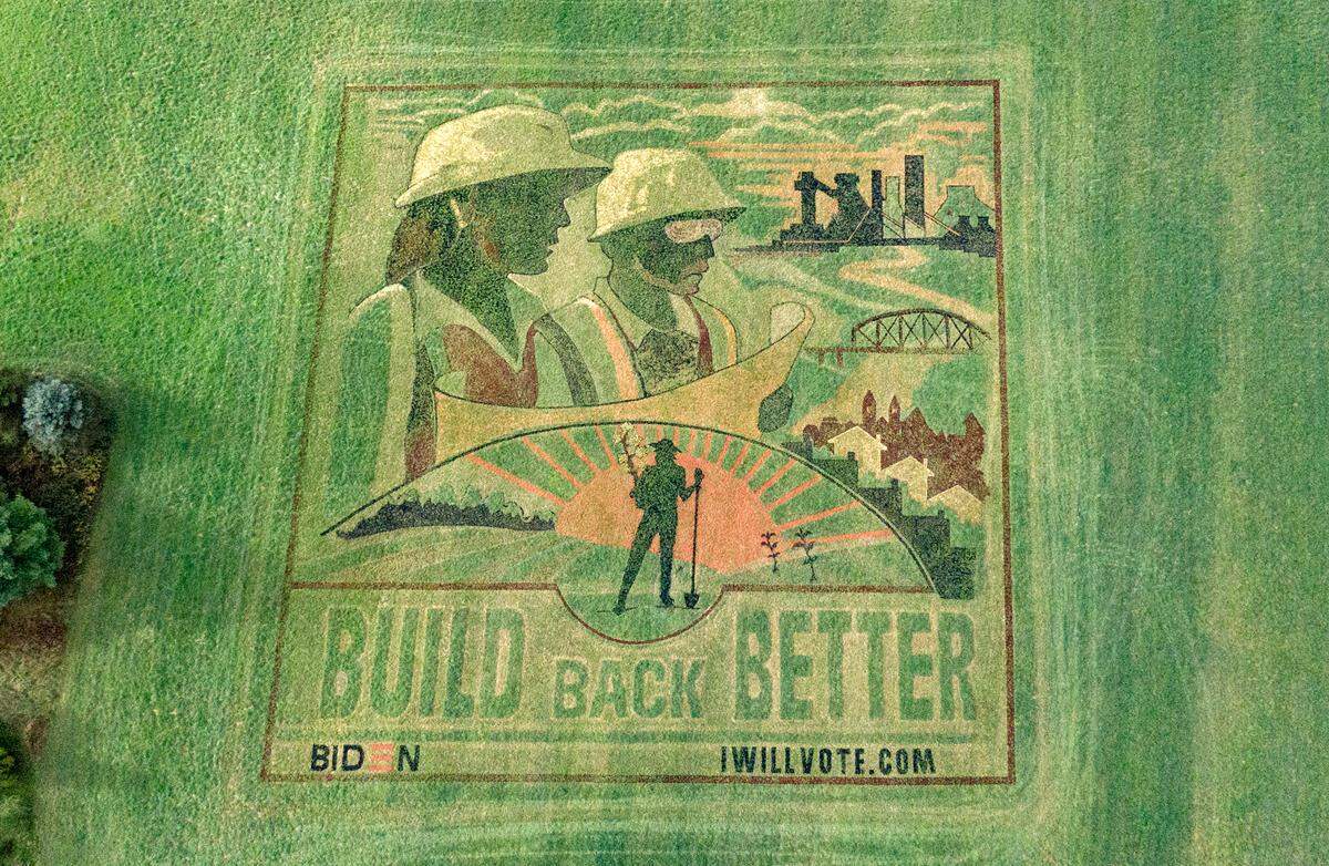 A view of the crop art in Ferguson Township in support of presidential candidate Joe Biden on Saturday, Oct. 31, 2020. Crop artist Stan Herd was hired by Biden’s campaign to create three pieces in battleground states of Wisconsin, Michigan and Pennsylvania.
