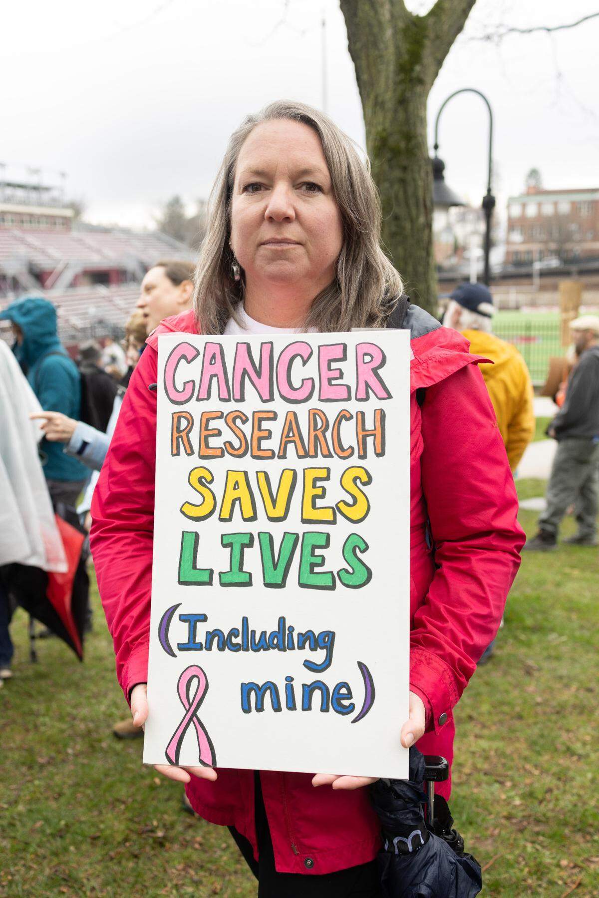 Chris Smith, a State College resident, explains why she attended Saturday’s “Hands Off!” rally at State College’s Sidney Friedman Park, in opposition of President Donald Trump. The event was part of a nationwide effort that saw more than 1,000 similar rallies held across all 50 states.