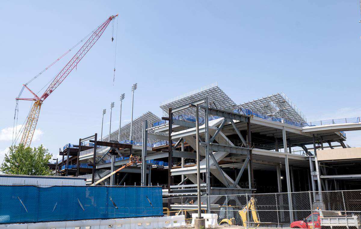 Construction continues on the west side of Beaver Stadium with the placement of temporary stands and lighting on Tuesday, July 29, 2025. 