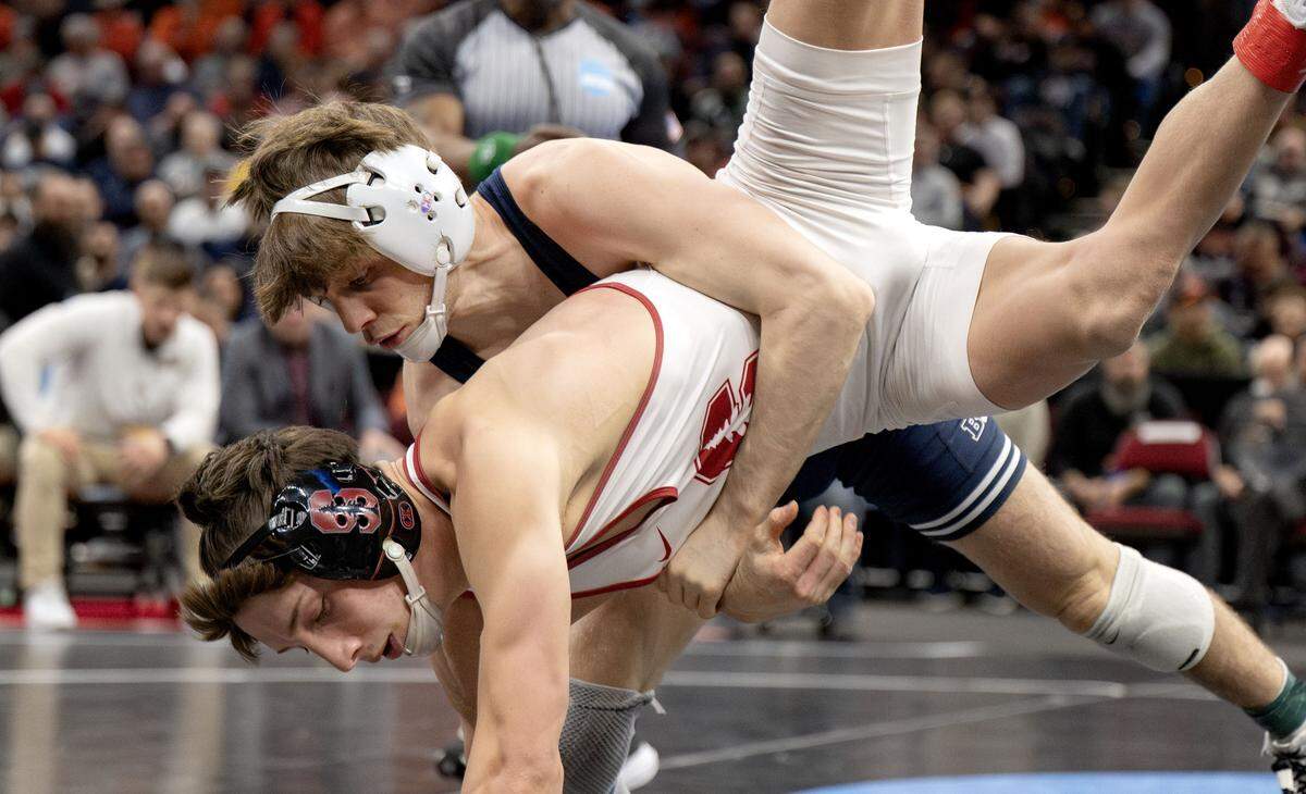 Penn State's Marcus Blaze controls Stanford's Tyler Knox in a 133-pound consolation semifinal bout at the NCAA wrestling championships on Saturday, March 21, 2026.