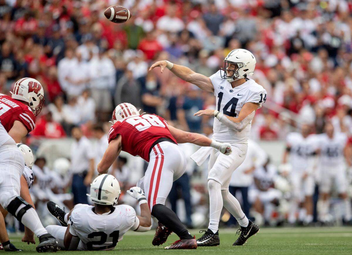Penn State quarterback Sean Clifford makes a pass during the game against Wisconsin on Saturday, Sept. 4, 2021 at Camp Randall Stadium.