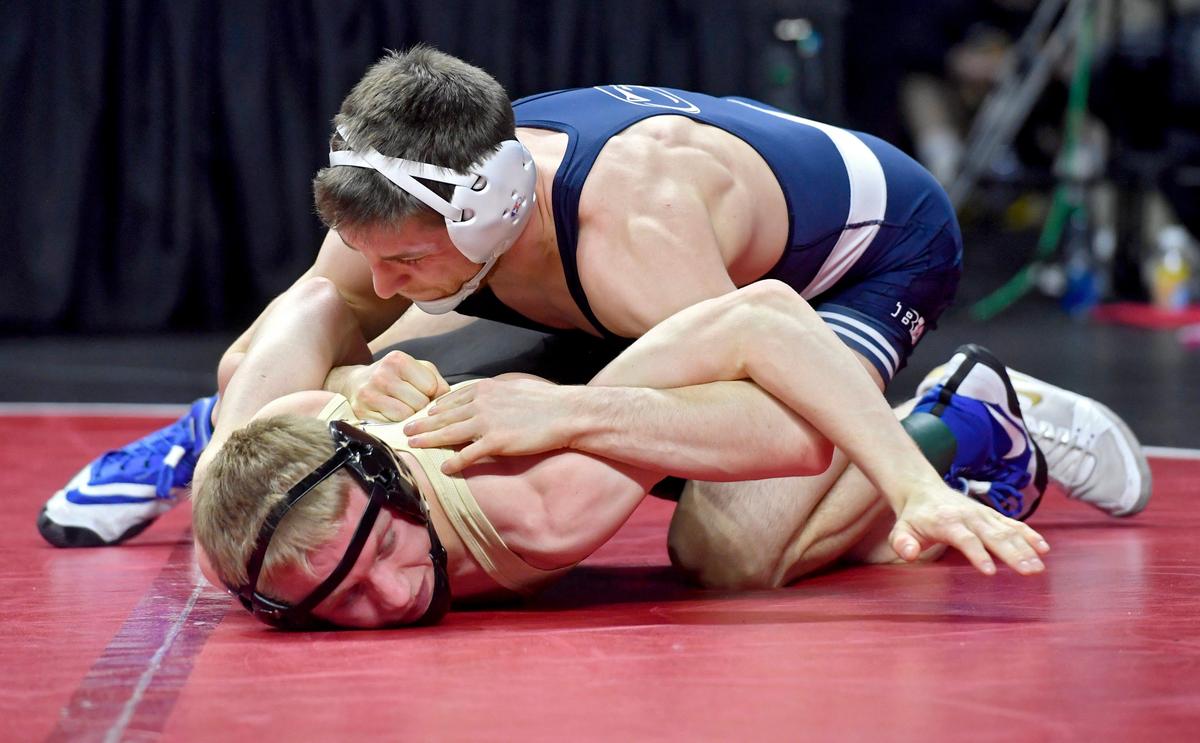 Penn State’s Nick Lee controls Purdue’s Parker Filius in the quarterfinals of the Big Ten Wrestling championships at Rutgers on Saturday, March, 7, 2020.