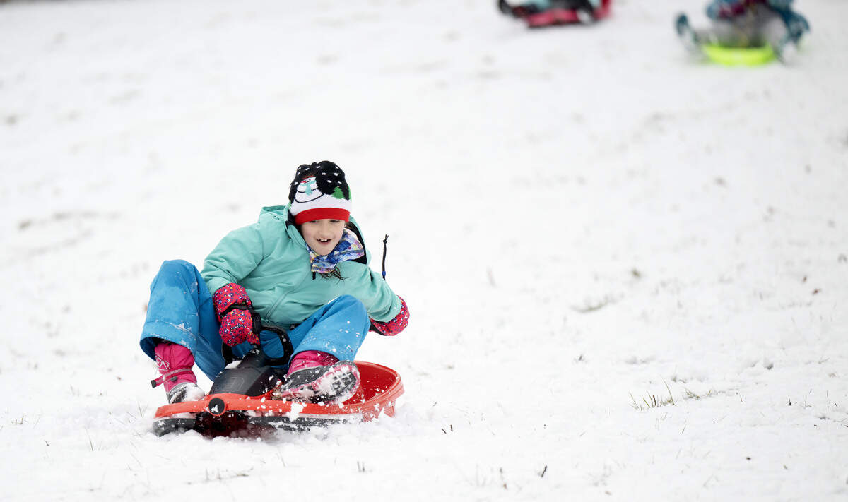 Adeyson Pontzer steers her sled down the hill at Slab Cabin Park ahead of friends on Tuesday, Dec. 2, 2025.
