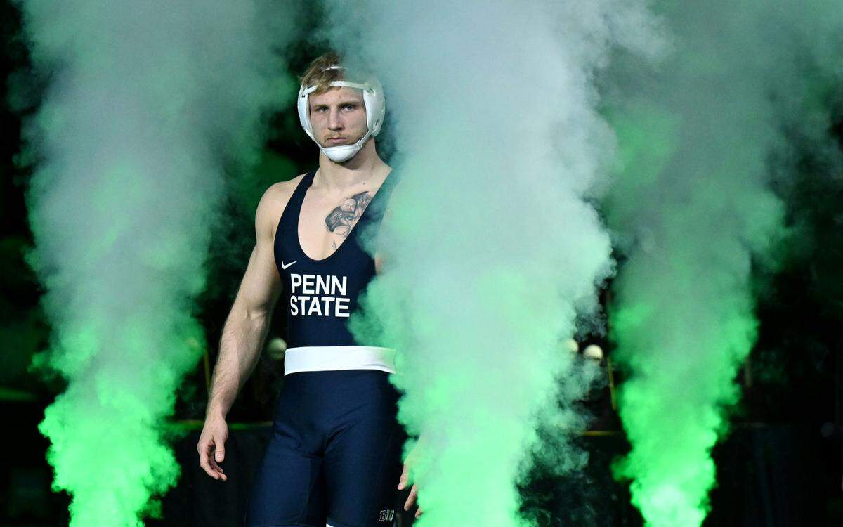 Penn State's Josh Barr is introduced for this 197-pound championship bout at the NCAA wrestling championships on Saturday, March 21, 2026.  
