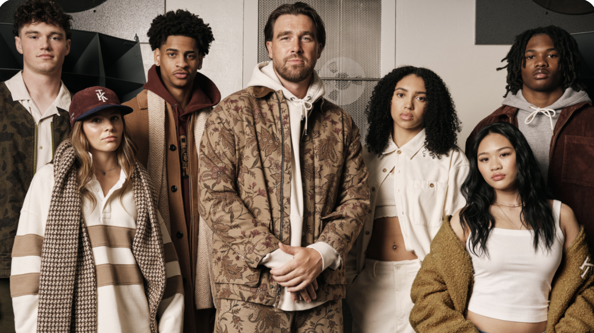 Penn State quarterback Drew Allar (top left) is part of an ad campaign for a new Travis Kelce (center) and American Eagle collaboration.