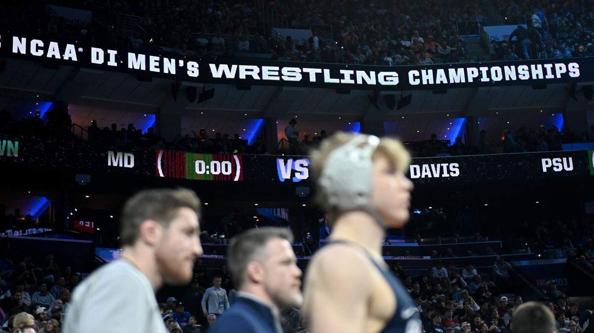 Penn State’s Braeden Davis waits for his bout against Maryland’s Braxton Brown at the 2025 NCAA Wrestling Championships in Philadelphia on Thursday, March 20, 2025.