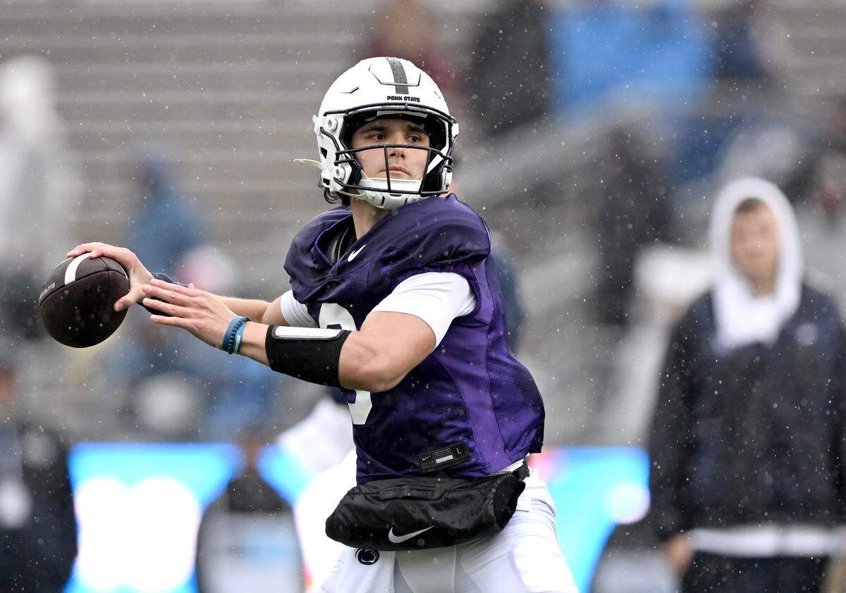 Penn State quarterback Rocco Becht makes a pass during Blue-White Practice on Saturday, April 25, 2026.