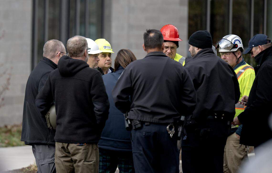 Emergency crews respond to Penn State Susan Welch Liberal Arts Building on the Penn State campus on Wednesday, Nov. 12, 2025. The building was evacuated and the incident is under investigation. 
