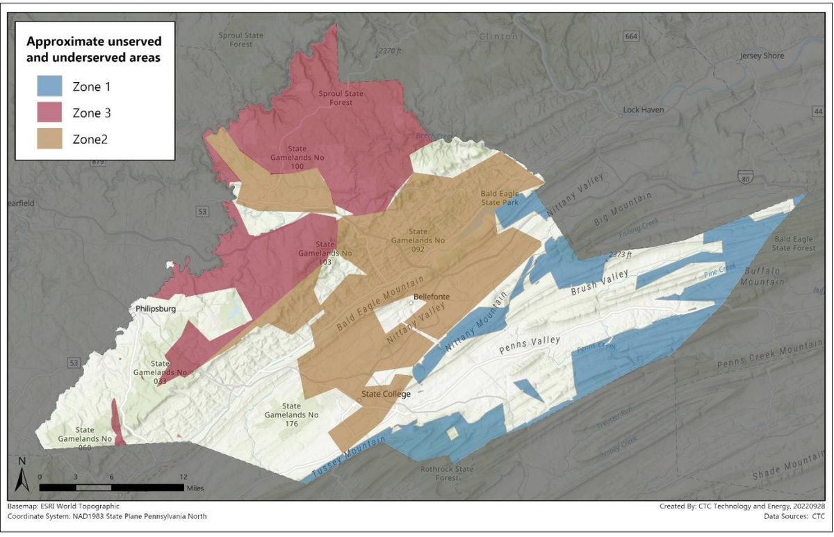 A map from the Centre County Broadband Strategic Plan shows three areas of un- and underserved population areas when it comes to broadband access.