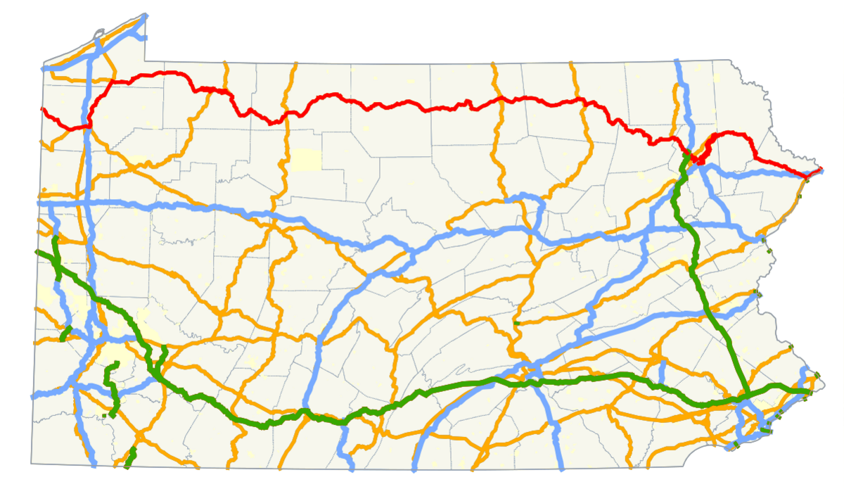 Route 6, seen on this map in red, was recently named by drivers as the most feared route in Pennsylvania.