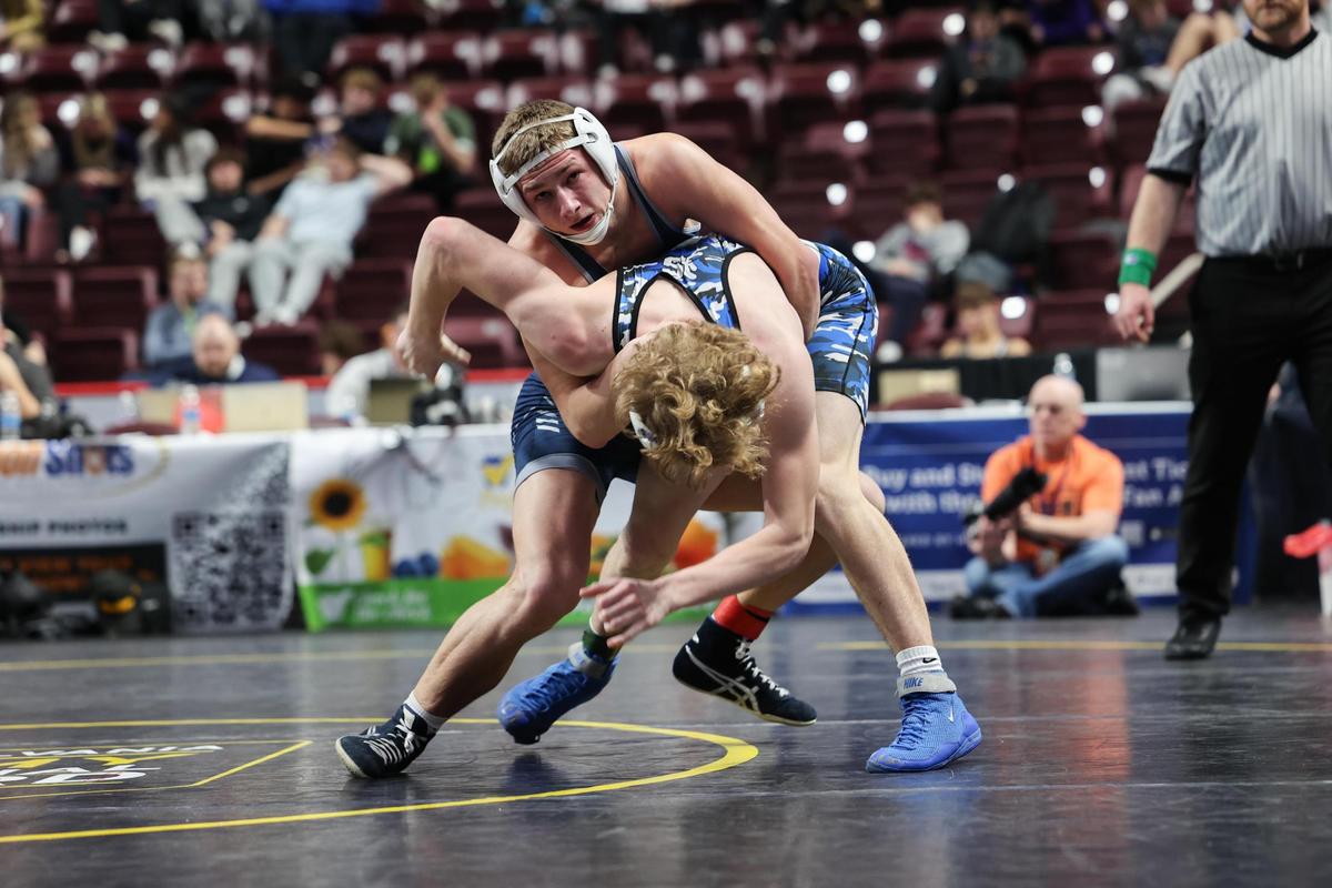 Penns Valley’s Ty Watson controls Sharpsville’s Caullin Summers in their 152-pound PIAA Class 2A consolation third round match on Friday, March 8, 2024 at the Giant Center in Hershey. Watson topped Summers, 7-3, to earn his third straight PIAA medal.