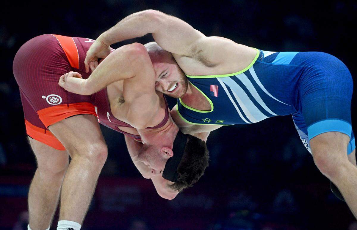Kyle Snyder wrestles Isaac Trumble in their second bout of their best-of-three series final at 97 kg during the U.S. Olympic Team Trials at the Bryce Jordan Center on Saturday, April 20, 2024. Snyder won by decision 4-0.