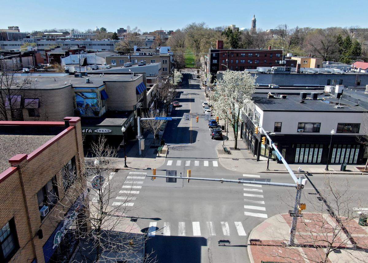 The intersection of Allen Street and Beaver Avenue in downtown State College on April 6, 2020.