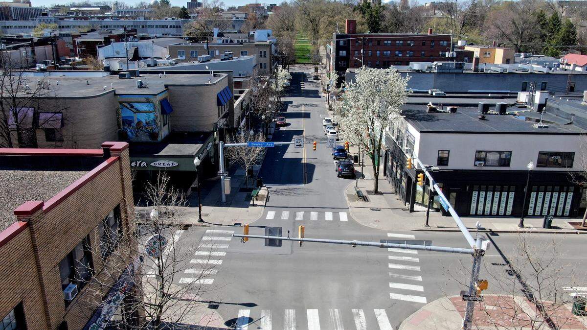 The intersection of Allen Street and Beaver Avenue in downtown State College is pictured on Monday, April 6, 2020.  