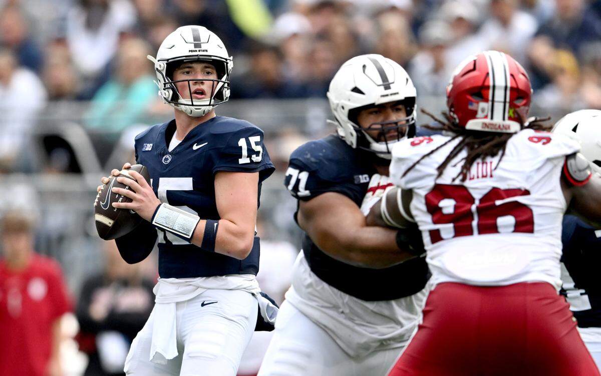 Penn State quarterback Drew Allar looks to make a pass during the game against Indiana on Saturday, Oct. 28, 2023.