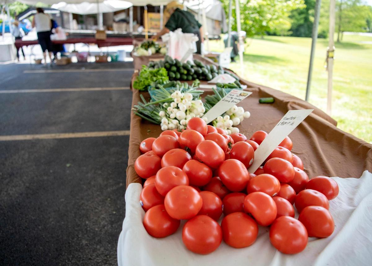 Tomatoes, fresh spring onions and more at the Wengerd farmers market on Thursday, June 25, 2020. In previous years the market was in the Hills Plaza but this season moved to State College Assembly of God parking lot on University Drive.