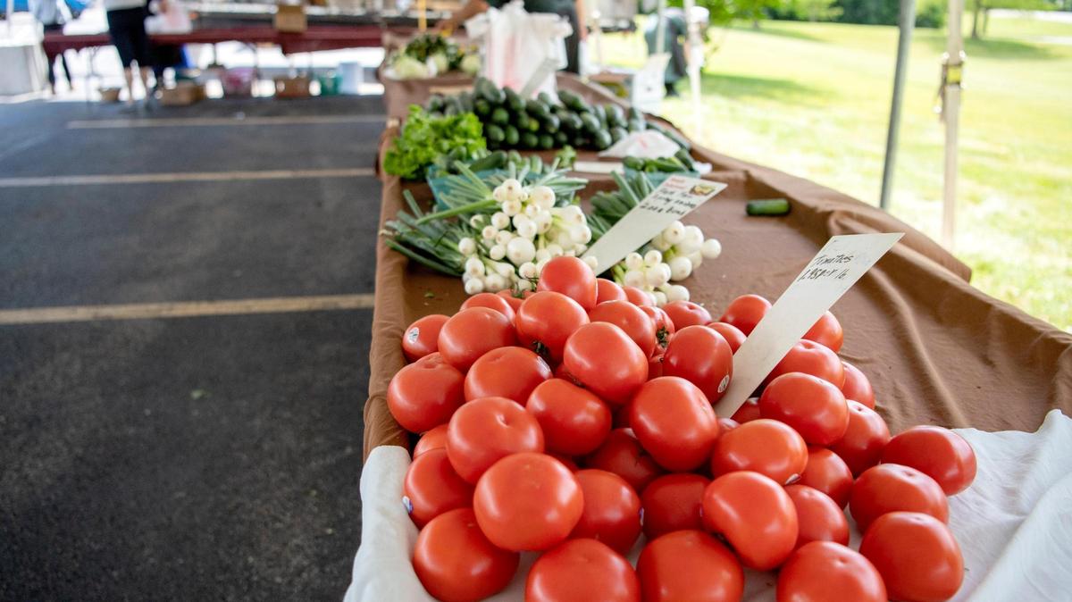 Tomatoes, fresh spring onions and more at Amish farmers market on Thursday, June 25, 2020.