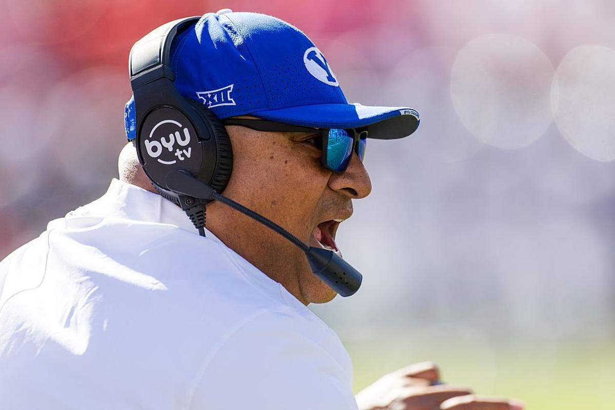 LUBBOCK, TEXAS - NOVEMBER 08: Head Coach Kalani Sitake of the BYU Cougars shouts during the second half of the game against the Texas Tech Red Raiders at Jones AT&T Stadium on November 08, 2025 in Lubbock, Texas. (Photo by John E. Moore III/Getty Images)