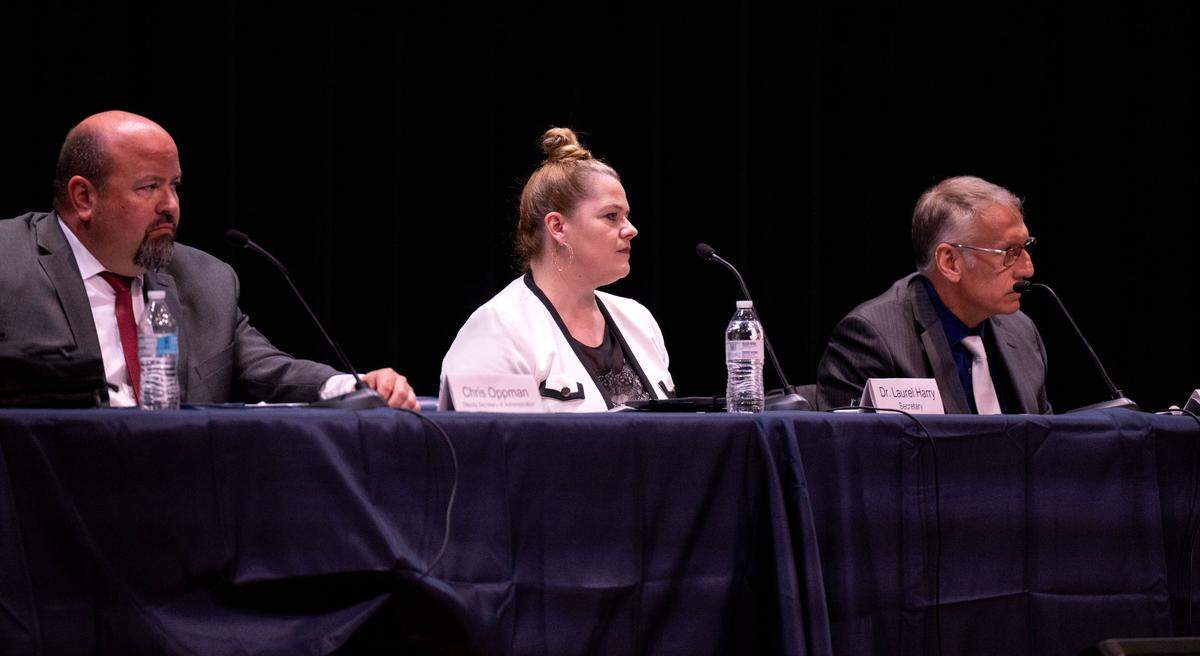 Pennsylvania Department of Corrections Secretary Laurel Harry listens to comments from local elected officials about Rockview state prison during a Pennsylvania Department of Corrections public hearing on the proposed closure of the facility on Tuesday, April 15, 2025 in the auditorium of Bald Eagle Area Middle School and High School.