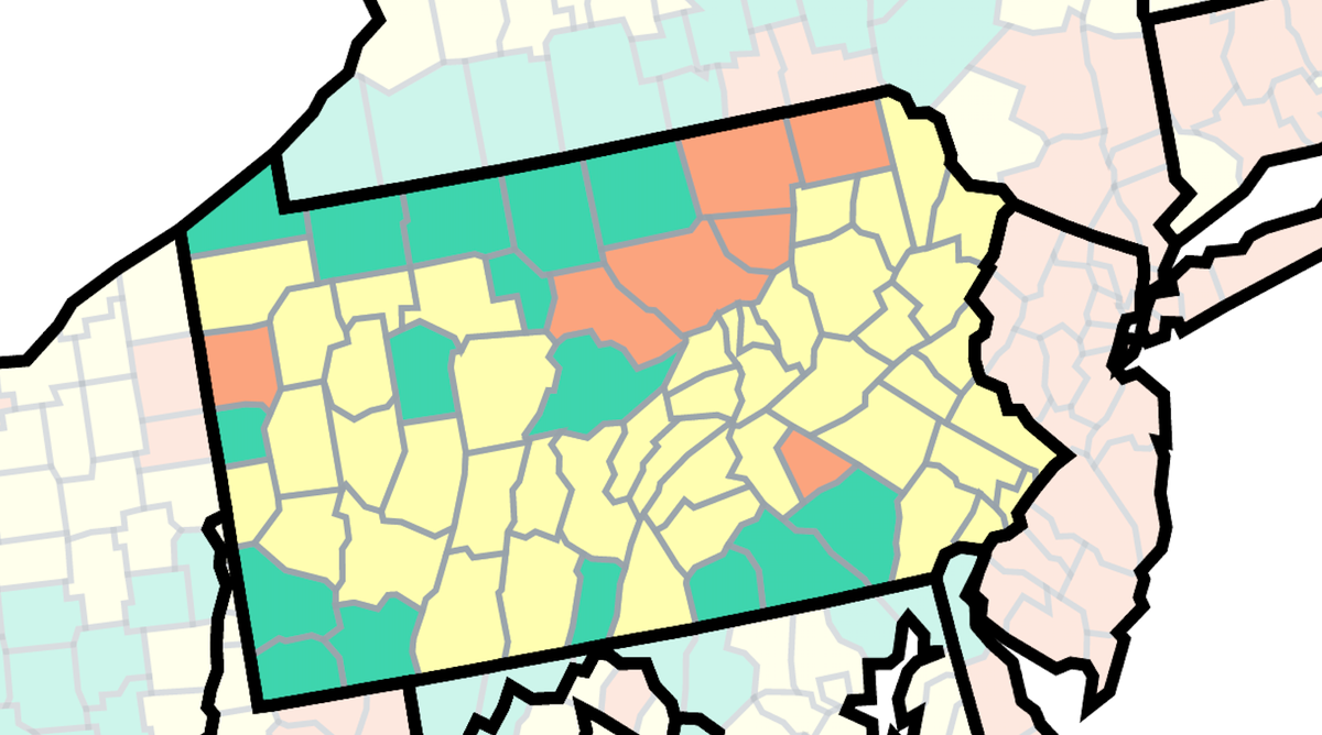 This map of Pennsylvania from the U.S. Centers for Disease Control and Prevention shows COVID-19 community levels by county. Those that are orange are at high, the yellow at medium and the green at low.