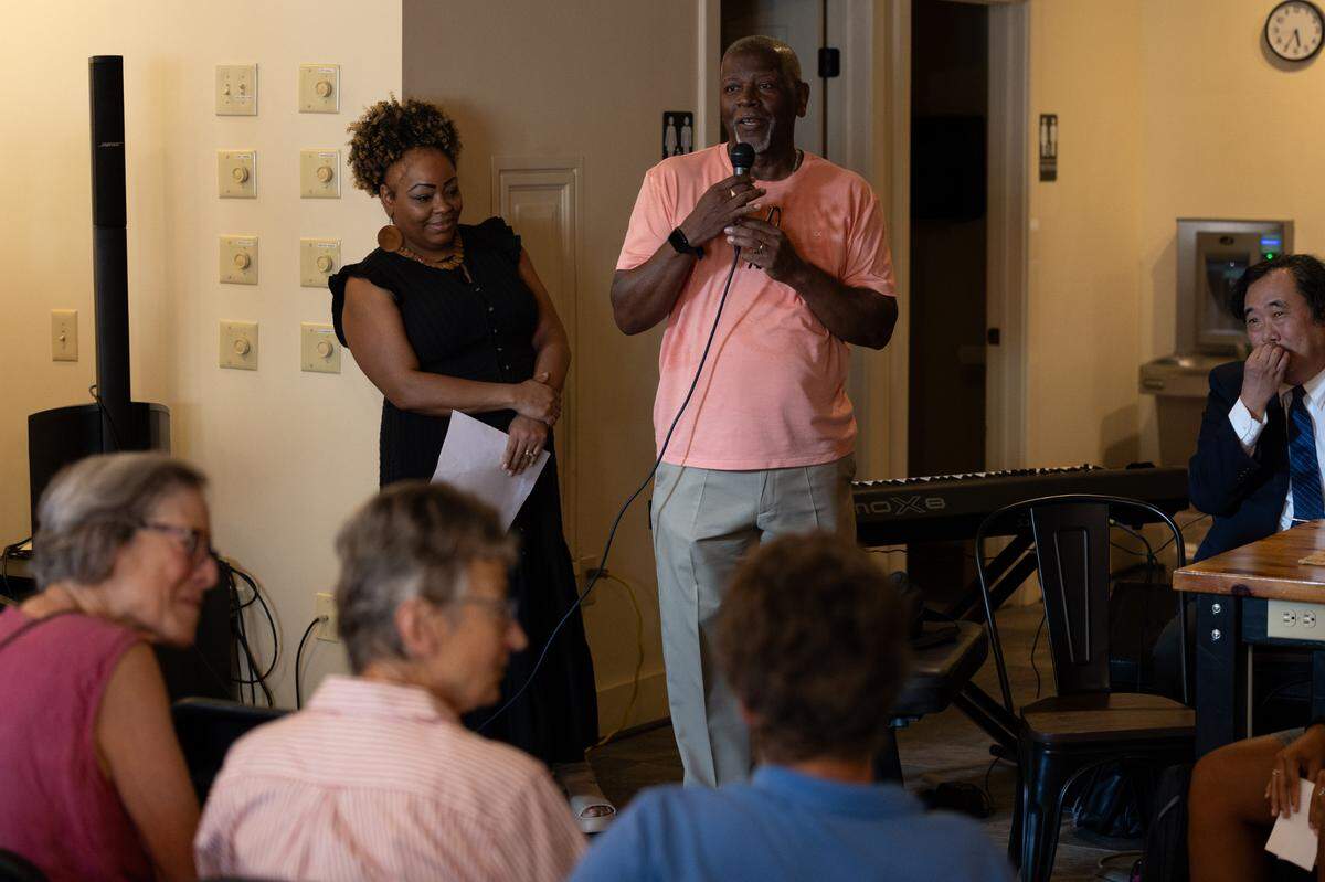 Gary Abdullah speaks to attendees at the 61st March on Washington for Jobs and Freedom at Fraser Street Commons on Wednesday, Aug. 28, 2024.