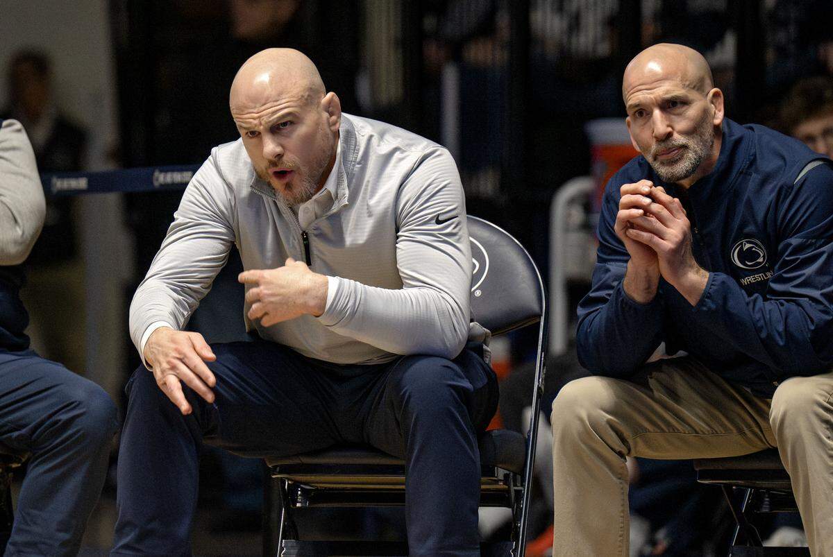 Penn State wrestling coach Cael Sanderson yells to Josh Barr during his 197 lb bout against Indiana’s Gabe Sollars on Friday, Jan. 23, 2026.